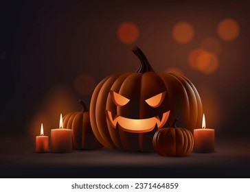 Realistic vector illustration of spooky Halloween scene with a dark background, eerie candlelight, and an illuminated jack o lantern. Perfect for invitations, posters, and party decorations Not AI