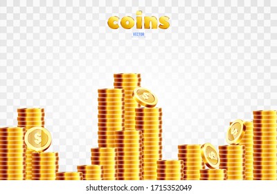 Realistic vector illustration of stacks of gold coins on a transparent background. Business backgrop