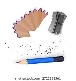 Ilustración vectorial realista de artículos de papelería aislados en blanco. El conjunto incluye un lápiz de madera azul afilado, un sacapuntas plateado metálico, un afeitado de lápiz de madera curvado y Pequeños fragmentos de plomo de grafito. Perfecto para contenido educativo, promociones de regreso a la escuela, catálogos de suministros de oficina y diseños de conceptos de arte creativo