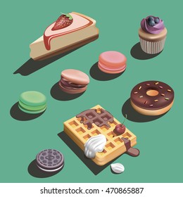 realistic vector illustration of sweets baking and macaroon