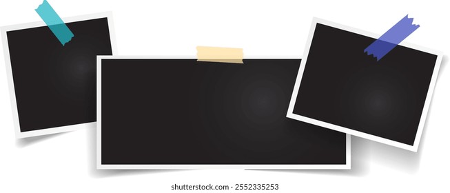 Realistic vector illustration of three blank photo frames attached with adhesive tapes on white background, creating a customizable template for showcasing memories or artwork