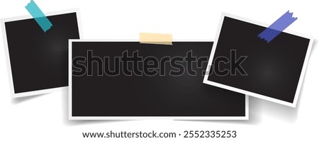 Realistic vector illustration of three blank photo frames attached with adhesive tapes on white background, creating a customizable template for showcasing memories or artwork