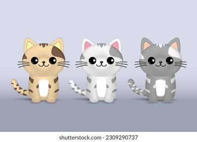 Realistic vector illustration of three cute cats in white, brown and gray