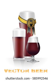 Realistic vector illustration of three dark beer glasses with black and gold quality seal