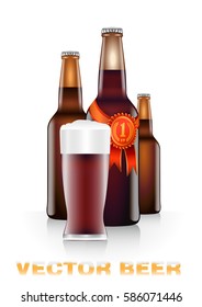 Realistic vector illustration of three dark beer bottles and glass with red and gold competition seal