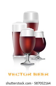 Realistic vector illustration of three dark beer glasses
