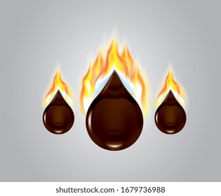 Ilustración vectorial realista tres gotas quemando fuego de petróleo aislado en fondo gris