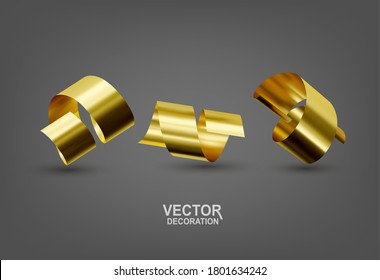 Realistic vector illustration with three gold confetti ribbons. Isolated objects. Elements for design, decoration of holiday cards