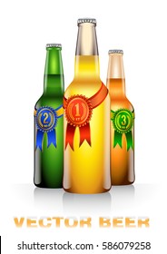 Realistic vector illustration of three light beer bottles with contest labels