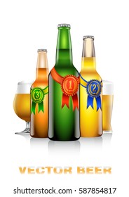 Realistic vector illustration of three light beer bottles and two glasses with red, blue, green and gold award marks