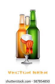 Realistic vector illustration of three light beer bottles and glass with red and gold award mark 