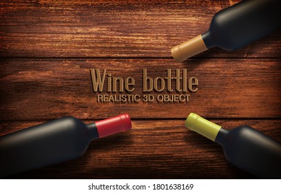 Realistic Vector illustration with three wine bottles on a wooden background. View from above. Alcohol close-up. Soft glares.  Template for design, advertising, branding.