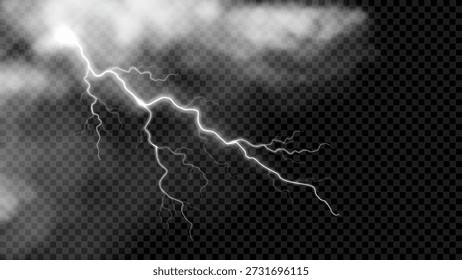 Ilustração vetorial realista de nuvens de trovoadas. Céu branco com nuvens e raio elétrico. Tempestade brilhante perfura nuvens. Tempestade e fenômenos atmosféricos.