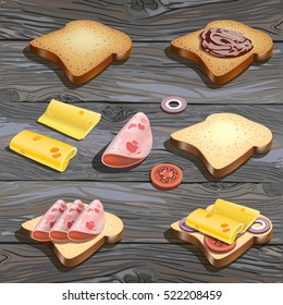 Realistic Vector Illustration Of Toast With Chocolate And Sandwich With Cheese And Ham On Wooden Table