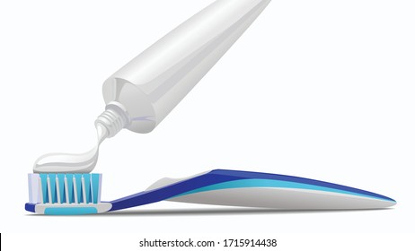 Ilustración vectorial realista de cepillo de dientes y pasta dentífrica aislada en fondo blanco. Pega dentífrica en cepillo de dientes.