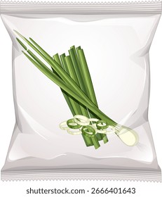 Realistic vector illustration of a transparent snack package displaying fresh lemongrass stalks and slices, clean white background, minimalistic design