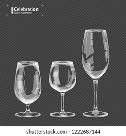 Realistic vector illustration of transparent three wineglasses with sizes. Glass goblet of classical shape for cocktails, wine, champagne. Isolated object.