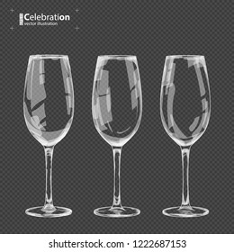 Realistic vector illustration of transparent three wineglasses with different shin . Glass goblet of classical shape for cocktails, wine, champagne. Isolated object.