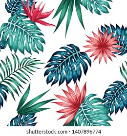 Realistic vector illustration tropical blue green leaves and red flowers bird of paradise seamless pattern on the white background. Vivid tropic wallpaper