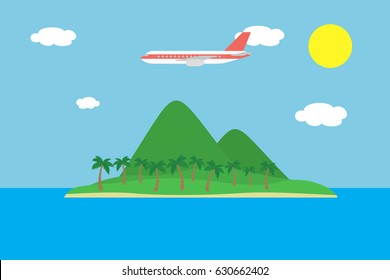 Realistic vector illustration of a tropical island with hills and palm trees and a large plane flying between clouds on a blue sky with the sun - suitable for advertising