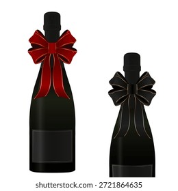 Ilustración vectorial realista de dos botellas de champán hechas de vidrio oscuro, decoradas con arcos de regalo rojos y negros y etiquetas en blanco