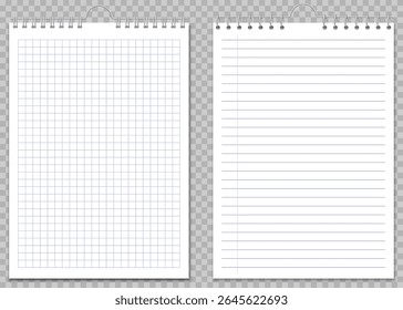 Realistic vector illustration of two clean spiral notebook pages one with blue graph paper and one lined sheet. Isolated on transparent background. Perfect for mockups, presentations, or templates.