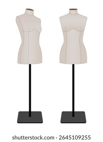 Ilustração vetorial realista de dois manequins femininos costureira em suportes. Formas de design de moda e alfaiataria para vestuário. Isolado no fundo branco.