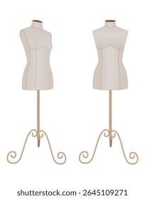 Ilustração vetorial realista de dois manequins femininos costureira em suportes. Formas de design de moda e alfaiataria para vestuário. Isolado no fundo branco.