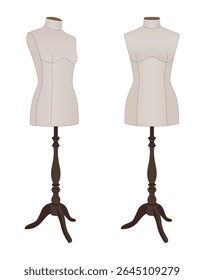 Ilustração vetorial realista de dois manequins femininos costureira em suportes. Formas de design de moda e alfaiataria para vestuário. Isolado no fundo branco.
