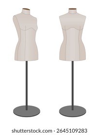 Ilustração vetorial realista de dois manequins femininos costureira em suportes. Formas de design de moda e alfaiataria para vestuário. Isolado no fundo branco.