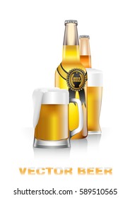 Realistic vector illustration of two light beer bottles and glass mug and riser with black and gold quality seal