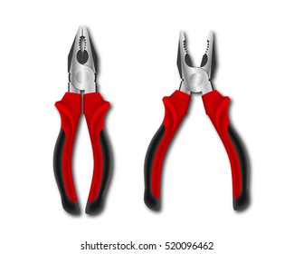 Realistic vector illustration of two pliers on a white background. Bench and mounting tool for repair, construction and service