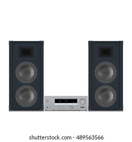 Realistic vector illustration. Two powerful speakers and an amplifier.