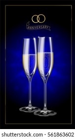 Realistic vector illustration of two transparent champagne glasses full of sparkling white wine. Transparent on decorated background. Ten years wedding anniversary celebration poster card banner.