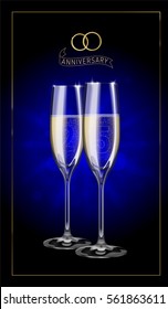 Realistic vector illustration of two transparent champagne glasses full of sparkling white wine. Transparent on decorated background. Twenty five years wedding anniversary celebration poster card.