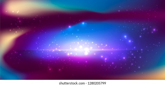 Realistic vector illustration of Universe and galaxy, cosmos. Physical cosmology, science fiction wallpaper. Beauty of deep space: purple, pink, blue, violet, red bright neon colors.
