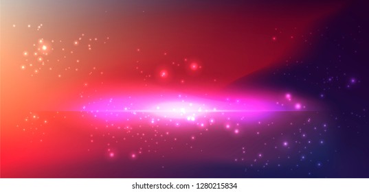 Realistic vector illustration of Universe and galaxy, cosmic nebulae. Physical cosmology, science fiction wallpaper. Beauty of deep space: purple, pink, blue, violet bright neon colors.