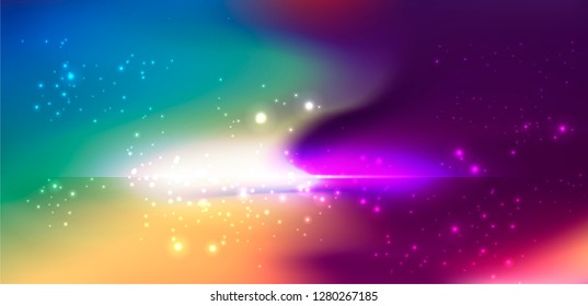 Realistic vector illustration of Universe and galaxy, cosmic nebulae. Physical cosmology, science fiction wallpaper. Beauty of deep space: purple, pink, blue, violet bright neon colors.