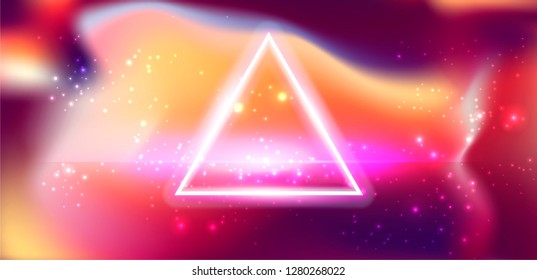 Realistic vector illustration of Universe and galaxy, glowing neon triangle. Retrofuturistic science fiction wallpaper, VHS 90s-90s style inspirated, purple, pink, blue, violet, red bright colors.