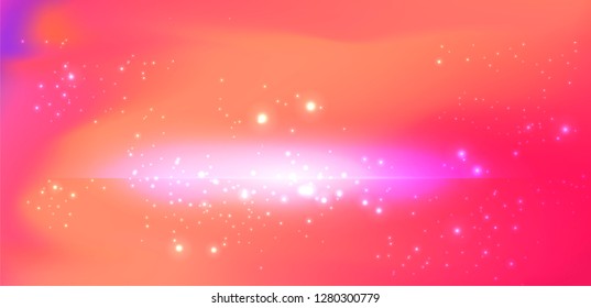 Realistic vector illustration of Universe and galaxy, cosmic nebulae. Physical cosmology, science fiction wallpaper. Beauty of deep space: pink, orange, red bright neon colors.