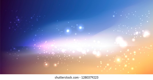 Realistic vector illustration of Universe and galaxy, cosmic nebulae. Physical cosmology, science fiction wallpaper. Beauty of deep space: purple, pink, blue, violet bright neon colors.