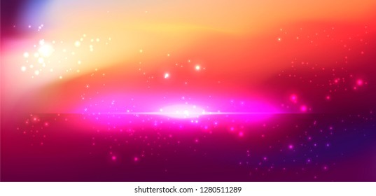 Realistic vector illustration of Universe and galaxy, cosmic nebulae. Retrofuturistic science fiction wallpaper. Beauty of deep space: purple, pink, blue, violet bright colors.