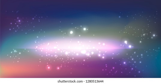 Realistic vector illustration of Universe and galaxy, cosmic nebulae. Physical cosmology, science fiction wallpaper. Beauty of deep space: purple, pink, blue, violet bright neon colors.