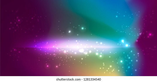 Realistic vector illustration of Universe and galaxy, cosmic nebulae. Physical cosmology, science fiction wallpaper. Beauty of deep space: purple, pink, blue, violet bright neon colors.