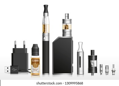 Realistic vector illustration of vaping elements. E-cigarette, e-liquid, battery, atomizer, clearomizer, coil, accessories