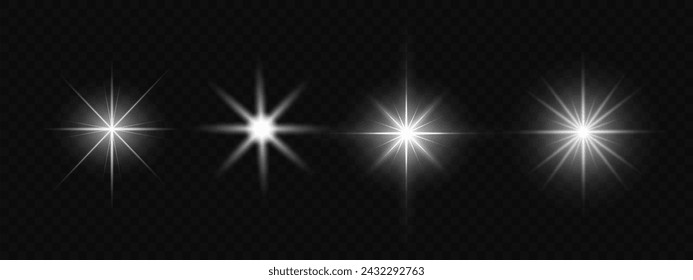 A realistic vector illustration of various light effects on a black background, including sparkling stars and flickering and flashing lights.Collection of different light effects on black background