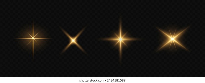 A realistic vector illustration of various light effects on a black background, including sparkling stars and flickering and flashing lights. Stars Set