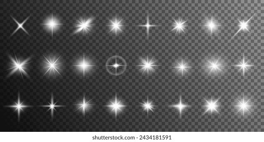 A realistic vector illustration of various light effects on a black background, including sparkling stars and flickering and flashing lights. Stars Set