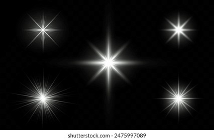 Eine realistische Vektorillustration verschiedener Lichteffekte auf schwarzem Hintergrund, darunter funkelnde Sterne und flackernde und blinkende Lichter. Sternenset
