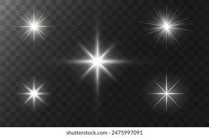 A realistic vector illustration of various light effects on a black background, including sparkling stars and flickering and flashing lights. Stars Set